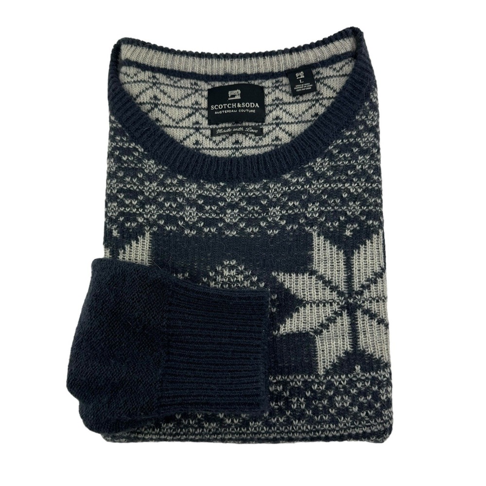 Scotch & Soda Blue w/ White Geometic Design Crewneck Wool Blend Sweater Size L‎